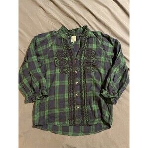 Sister Mary Cotton Plaid Green floral Embroidered Top XS